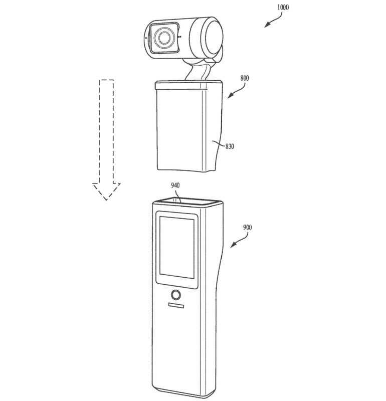 A line drawing shows an exploded view of a device with a camera unit above a rectangular base, and both parts above a handheld device with a screen, all aligned vertically with a downward arrow.