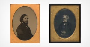 Two antique oval-framed portraits: the left shows a bearded man in dark clothing facing right, and the right shows an older man with white hair in formal attire, looking forward with arms crossed.