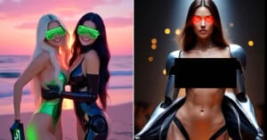 Two women in neon swimsuits and futuristic glasses pose on a beach at sunset. Beside them, a woman with glowing red eyes and metallic arms stands topless, with a black bar covering her chest, against a dark, glowing background.