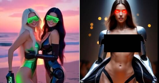 Two women in neon swimsuits and futuristic glasses pose on a beach at sunset. Beside them, a woman with glowing red eyes and metallic arms stands topless, with a black bar covering her chest, against a dark, glowing background.