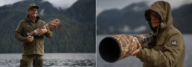 Un hombre en engranajes al aire libre de pie junto al lago con montañas del bosque en el fondo sosteniendo una cámara grande con campana de lente de camuflaje. La imagen se divide para mostrar primeros planos y vistas más amplias.