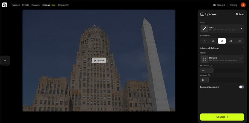 A screenshot shows an image editing tool with an art deco skyscraper and an obelisk monument under a blue sky. Editing options and an "Upscale" button are visible on the right side of the screen.
