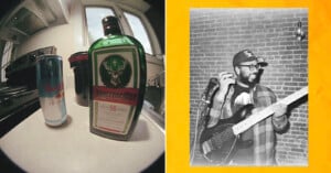 On the left, a fisheye photo shows a can of Red Bull and a bottle of Jägermeister on a kitchen counter. On the right, a black and white photo of a man holding a bass guitar and a microphone, standing in front of a brick wall.