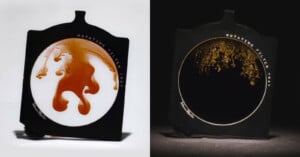 Side-by-side images of a rotating filter tray: the left shows swirling brown liquid patterns on white, while the right displays golden particles against a black background. Both filters have labeled text around the circular area.