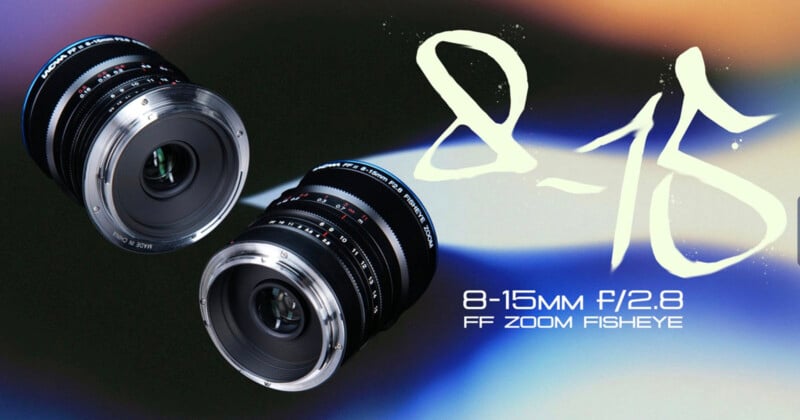 Two camera fisheye lenses are shown on a colorful, blurred background. Large text reads "8-15" and smaller text below reads "8-15mm f/2.8 FF Zoom Fisheye.