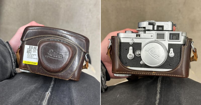 Two photos side by side: the left shows a hand holding a brown leather Leica camera case with a $30.49 price sticker; the right shows the same hand holding an old Leica film camera in the leather case.