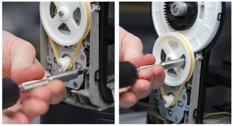 Two close-up images show hands using a screwdriver to adjust or repair a mechanism with white gears and a yellow belt inside a machine.