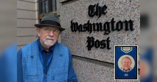 An older man with a grey beard and glasses, wearing a blue vest and black hat, stands beside a Washington Post sign. An inset shows his Washington Post ID badge with his photo and the number 30.