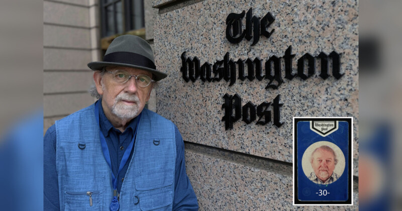 An older man with a grey beard and glasses, wearing a blue vest and black hat, stands beside a Washington Post sign. An inset shows his Washington Post ID badge with his photo and the number 30.