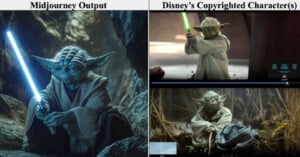 Side-by-side comparison showing a digital artwork of a Yoda-like character with a blue lightsaber on the left, and two images of Yoda from Star Wars with a green lightsaber on the right.