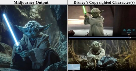Side-by-side comparison showing a digital artwork of a Yoda-like character with a blue lightsaber on the left, and two images of Yoda from Star Wars with a green lightsaber on the right.