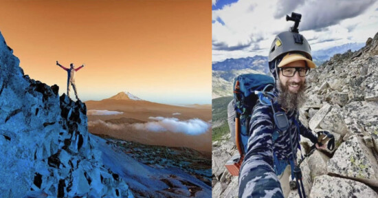Split image: Left—person stands on a rocky peak with arms raised, with a mountain and clouds in the distance under an orange sky. Right—a smiling climber takes a selfie on rocky terrain, wearing a helmet and backpack.