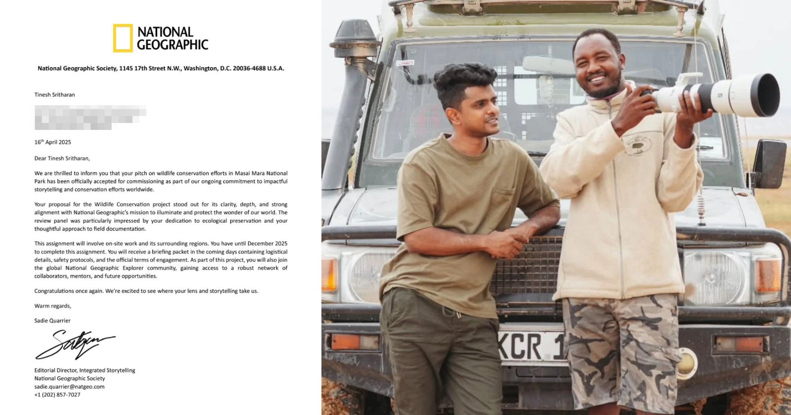 Two men stand smiling and talking in front of a safari jeep. On the left, one man wears a tan t-shirt and green pants; on the right, the other man wears a beige shirt and camouflage shorts. A National Geographic letter is visible on the left side.
