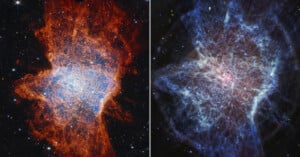 Side-by-side images of the Wolf-Rayet star WR 124; the left shows a red and orange nebula with bright blue core, and the right features the same nebula in cooler blue and white tones, both set against a star field.