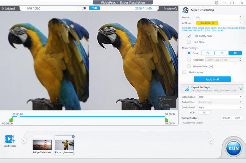 A software interface shows a split-screen comparison of a parrot image before and after using super resolution; the left side is blurry, and the right side is clearer. Various editing tools and settings are visible on the screen.