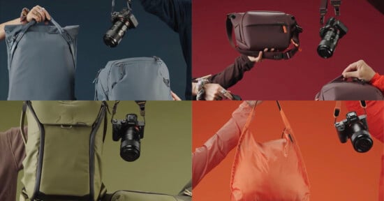 A collage of four images shows hands holding different colored camera bags and cameras against solid color backgrounds: gray, purple, green, and orange. Each bag is paired with a camera held or attached.