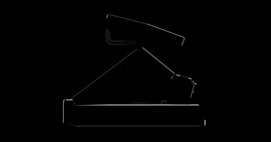 A minimalist, side-profile silhouette of a Polaroid instant camera, set against a solid black background with highlights accentuating its geometric shape.