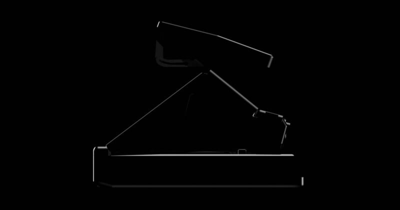 A minimalist, side-profile silhouette of a Polaroid instant camera, set against a solid black background with highlights accentuating its geometric shape.
