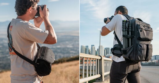 Two people each stand outdoors taking photos; one is in a grassy field with a small camera bag, the other is on a city bridge with a large backpack and tripod, with skyscrapers in the background.