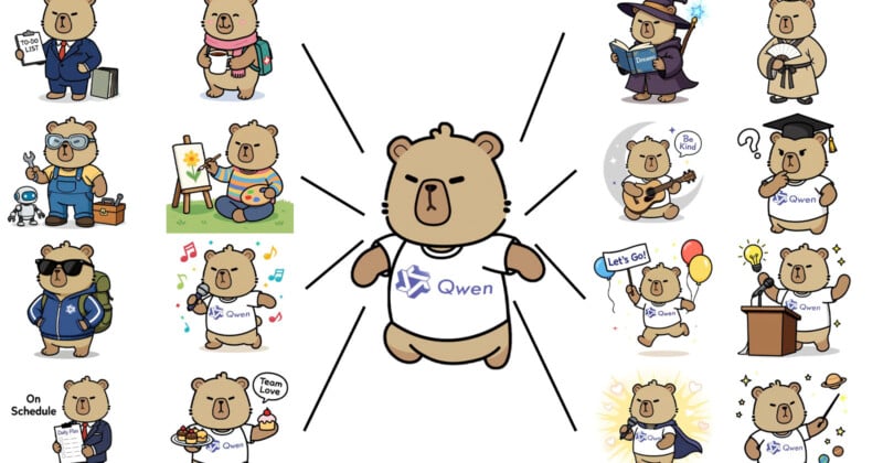A central bear wearing a "Qwen" shirt is surrounded by smaller bears in various outfits and activities, such as painting, playing guitar, reading, baking, singing, and graduating, each expressing different emotions.