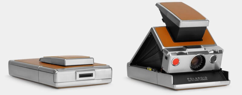 Two Polaroid SX-70 Land Cameras are shown: one is folded flat, and the other is fully extended, revealing its lens and viewfinder. Both cameras feature silver and brown leather accents.