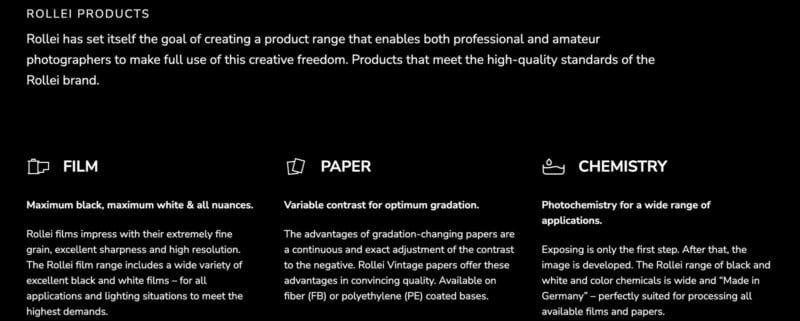 A section of a website describes Rollei products: film for sharpness and high gradation, paper for optimum gradation, and chemistry for film processing. Each category includes a brief explanation and matching icons.