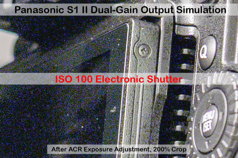 Close-up photo of a camera with visible noise and grain. Overlaid text reads: "Panasonic S1 II Dual-Gain Output Simulation," "ISO 100 Electronic Shutter," and "After ACR Exposure Adjustment, 200% Crop.