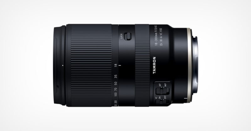 A black Tamron camera lens, model 18-300mm F/3.5-6.3 Di III-A VC VXD, shown in a side profile view on a plain white background.