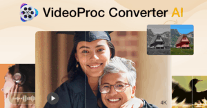 A banner for VideoProc Converter AI shows a split image of two women, one in graduation attire, with half the photo in color and half in black and white, along with smaller images of music and landscapes.
