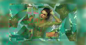 A woman in a sparkly costume poses against a collage of teal and glittery backgrounds. Glittery text reads "THE LIFE OF A SHOWGIRL." The image has a glamorous, retro aesthetic.