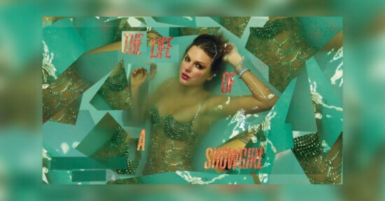A woman in a sparkly costume poses against a collage of teal and glittery backgrounds. Glittery text reads "THE LIFE OF A SHOWGIRL." The image has a glamorous, retro aesthetic.