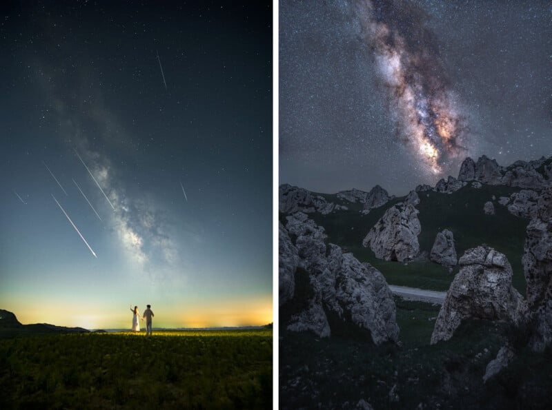 Left: Two people stand in a grassy field under a night sky with visible shooting stars and the Milky Way. Right: Rocky landscape beneath a bright, star-filled sky featuring the Milky Way’s glowing band.