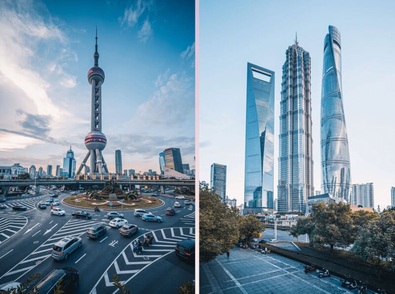 Split image of Shanghai: left shows the Oriental Pearl Tower with busy roads and cars; right shows three modern skyscrapers—Shanghai Tower, Jin Mao Tower, and Shanghai World Financial Center.