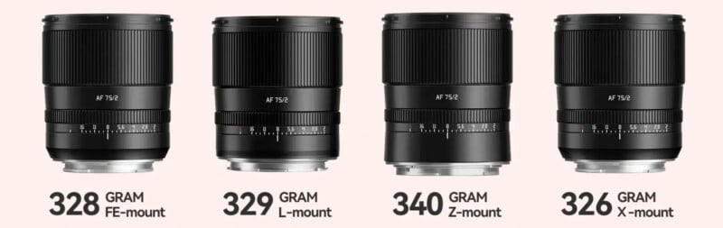 Four camera lenses are displayed side by side, labeled as FE-mount (328g), L-mount (329g), Z-mount (340g), and X-mount (326g). Each lens shows an aperture ring and the label "AF 75/1.2.
