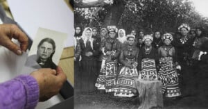 A person holds an old black-and-white photo of a woman. Next to it is a vintage group photo of women in traditional clothes, floral headpieces, and jewelry, some sitting and some standing, outdoors near a tree.