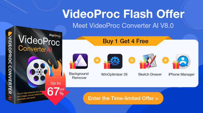 A promotional banner for VideoProc Converter AI V8.0 features a software box and states "Buy 1 Get 4 Free" with icons for Background Remover, WinOptimizer 26, Sketch Drawer, and iPhone Manager. "Up to 67% off" and a yellow offer button are shown.
