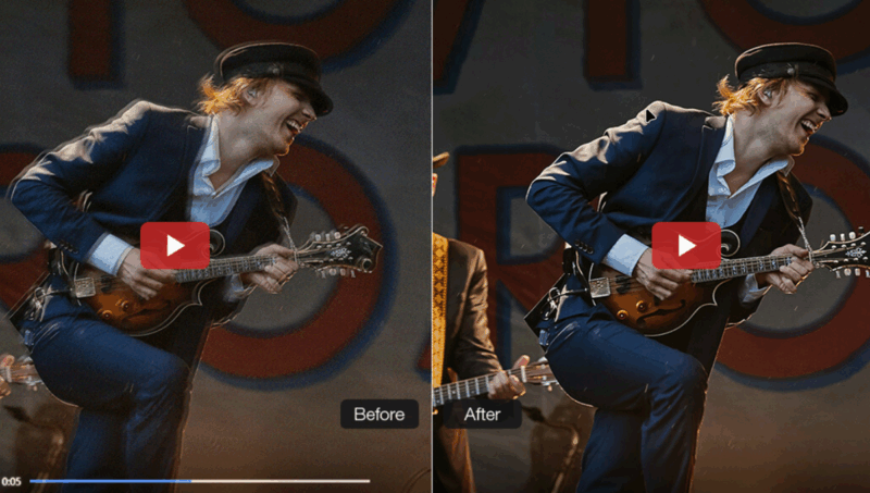 A musician in a suit and hat plays a mandolin on stage. The image is split into "Before" (left, darker) and "After" (right, brighter, with warmer colors). Play icons are centered on both images.