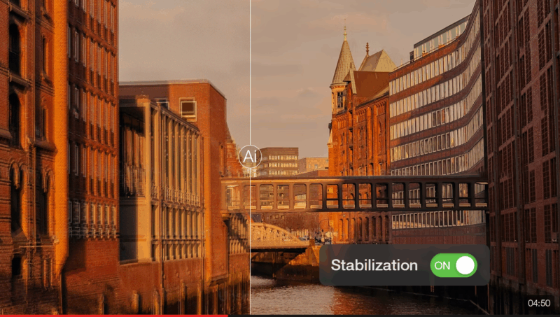A city canal is lined with brick buildings. The image is divided in half to show a comparison; the right side is clearer, indicating stabilization is on. A toggle labeled “Stabilization ON” appears in the lower right corner.
