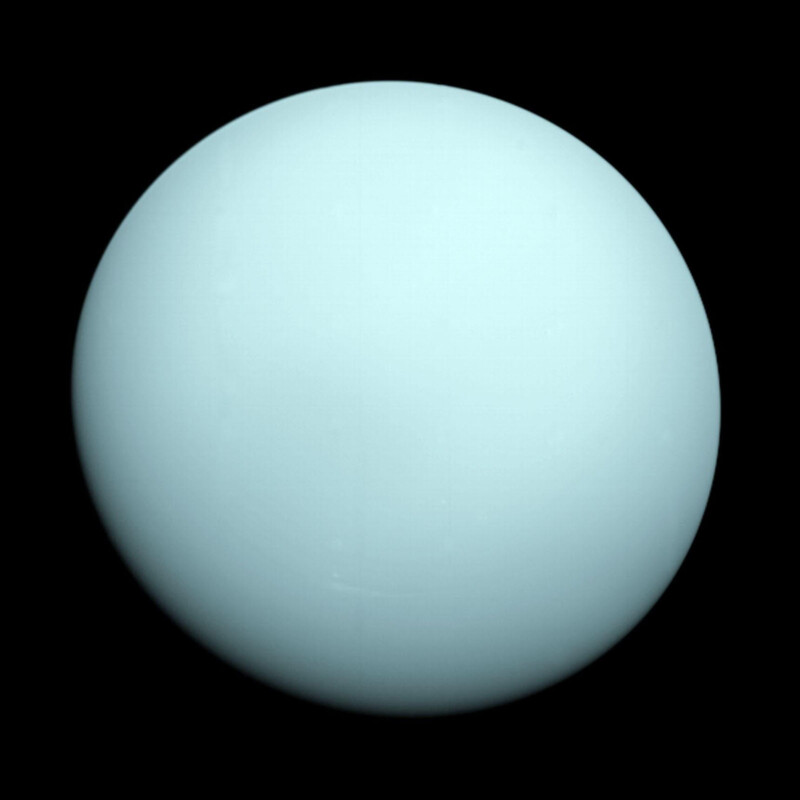 A pale blue-green sphere set against a black background, representing the planet Uranus, with a smooth, almost featureless appearance.