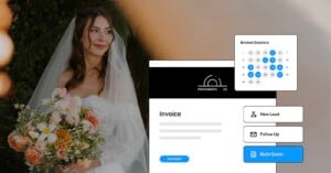 A bride holding a bouquet smiles, overlaid with graphics of an invoice, a booking calendar, and buttons for new lead, follow up, and build quote.