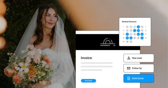 A bride holding a bouquet smiles, overlaid with graphics of an invoice, a booking calendar, and buttons for new lead, follow up, and build quote.