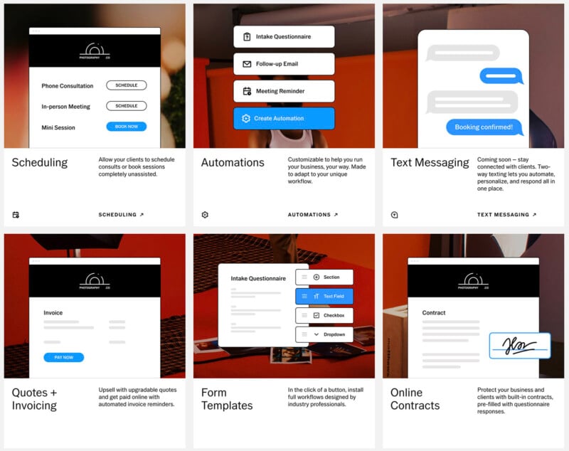 A 3x2 grid showing six business software features: Scheduling, Automations, Text Messaging, Quotes & Invoicing, Form Templates, and Online Contracts, each with a brief description and related interface screenshot.