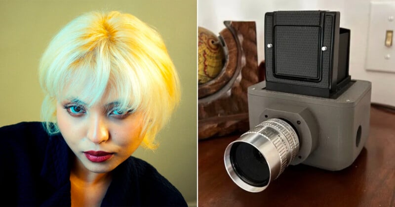 On the left, a person with short platinum blonde hair and red lipstick looks slightly down. On the right, there is a vintage-style boxy camera with a metallic lens resting on a wooden surface.