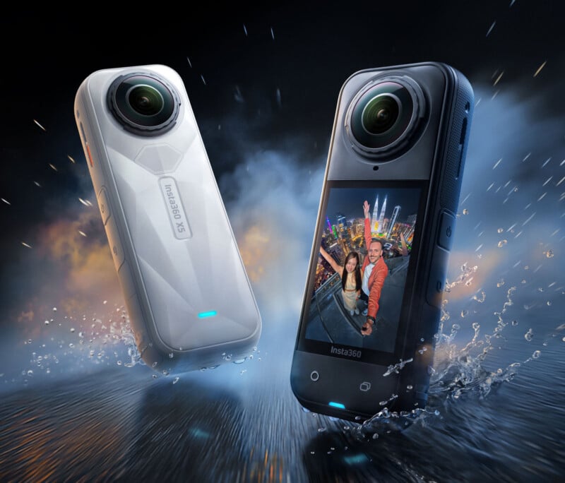Two Insta360 X4 360-degree cameras suspended in mid-air over water, one showing its rear and the other displaying a screen with a photo of two people smiling in a city at night. Splashes and dynamic lighting add energy.