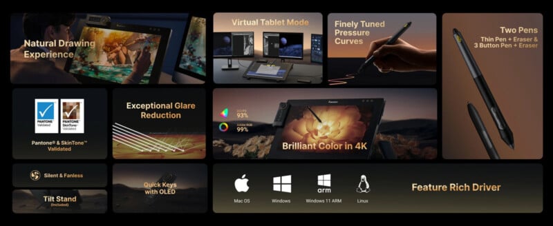 A promotional graphic showcases a drawing tablet’s features: natural drawing, virtual tablet mode, pressure curves, two pens, 4K display, color accuracy, glare reduction, silent operation, quick keys, a tilt stand, and multi-OS support.