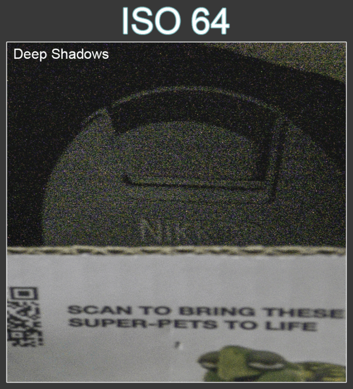 A dark photo labeled "ISO 64" shows a lens cap with "Nikon" barely visible in deep shadows above a partially visible QR code and text that reads, "SCAN TO BRING THESE SUPER-PETS TO LIFE.