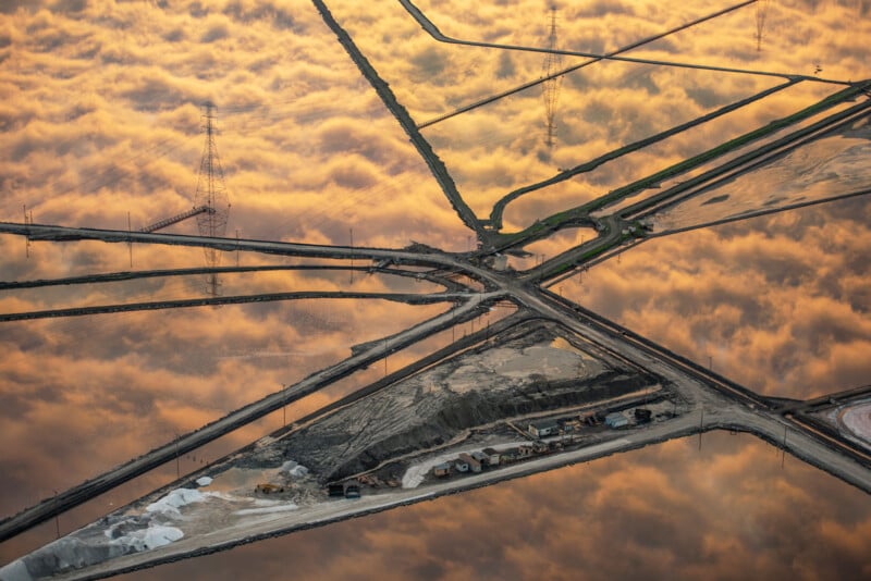 Aerial view of intersecting roads and industrial areas bordered by reflective water surfaces, capturing the orange and gold hues of sunset and clouds mirrored on the water.