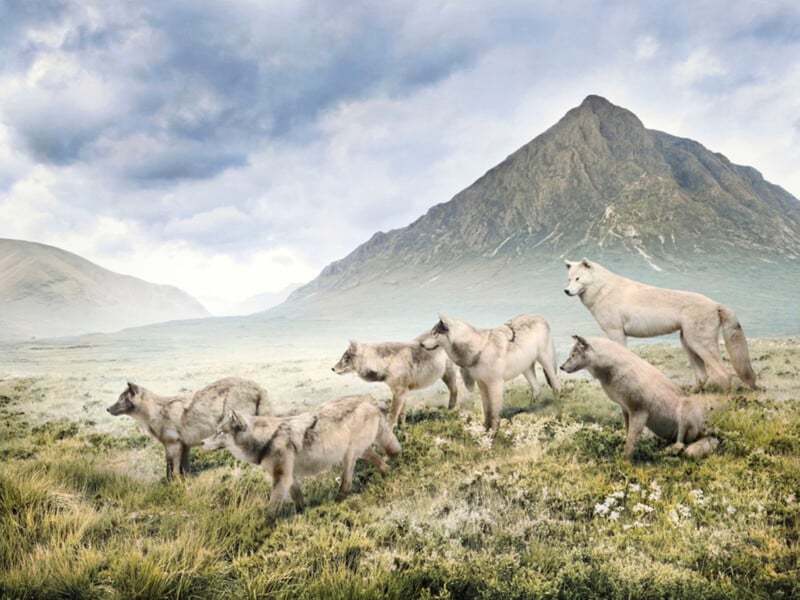 A pack of six wolves stands and walks across a grassy plain with wildflowers, with a large mountain and cloudy sky in the background.
