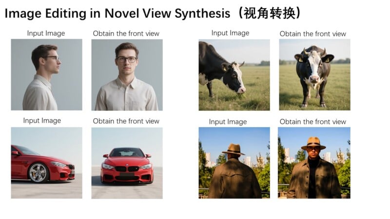 A slide titled "Image Editing in Novel View Synthesis" shows pairs of images: a man, a cow, a red car, and a person in a hat, each with their input image and a corresponding front view generated.
