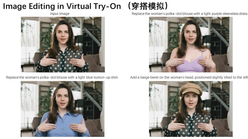 Four images show a woman edited with virtual try-on: original in a black polka-dot blouse, in a light purple dress, in a light blue shirt, and with a beige beret plus a dark polka-dot blouse.